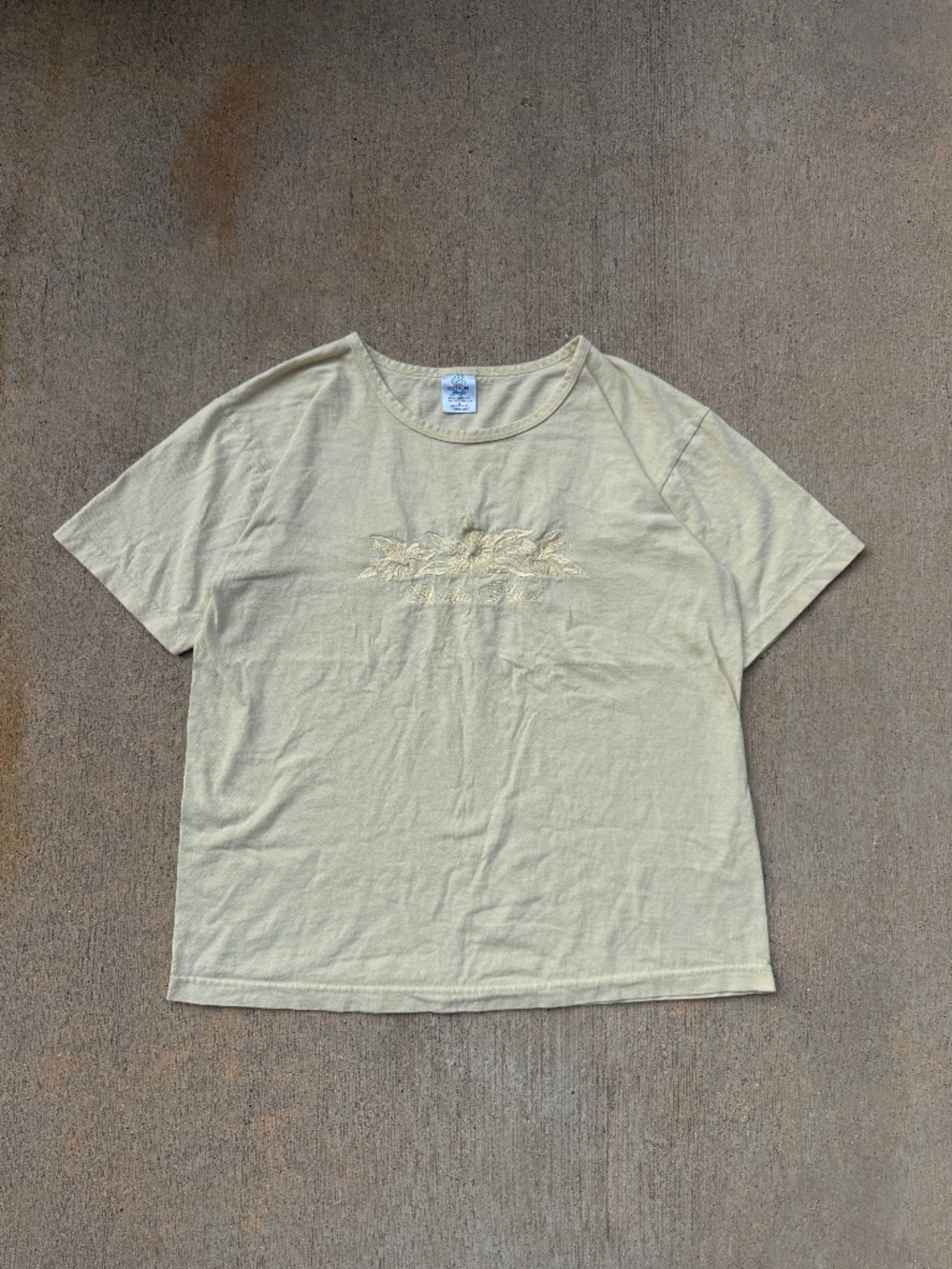 Vintage Butter Yellow Embroidered Aloha Maui Hibiscus Graphic Tee